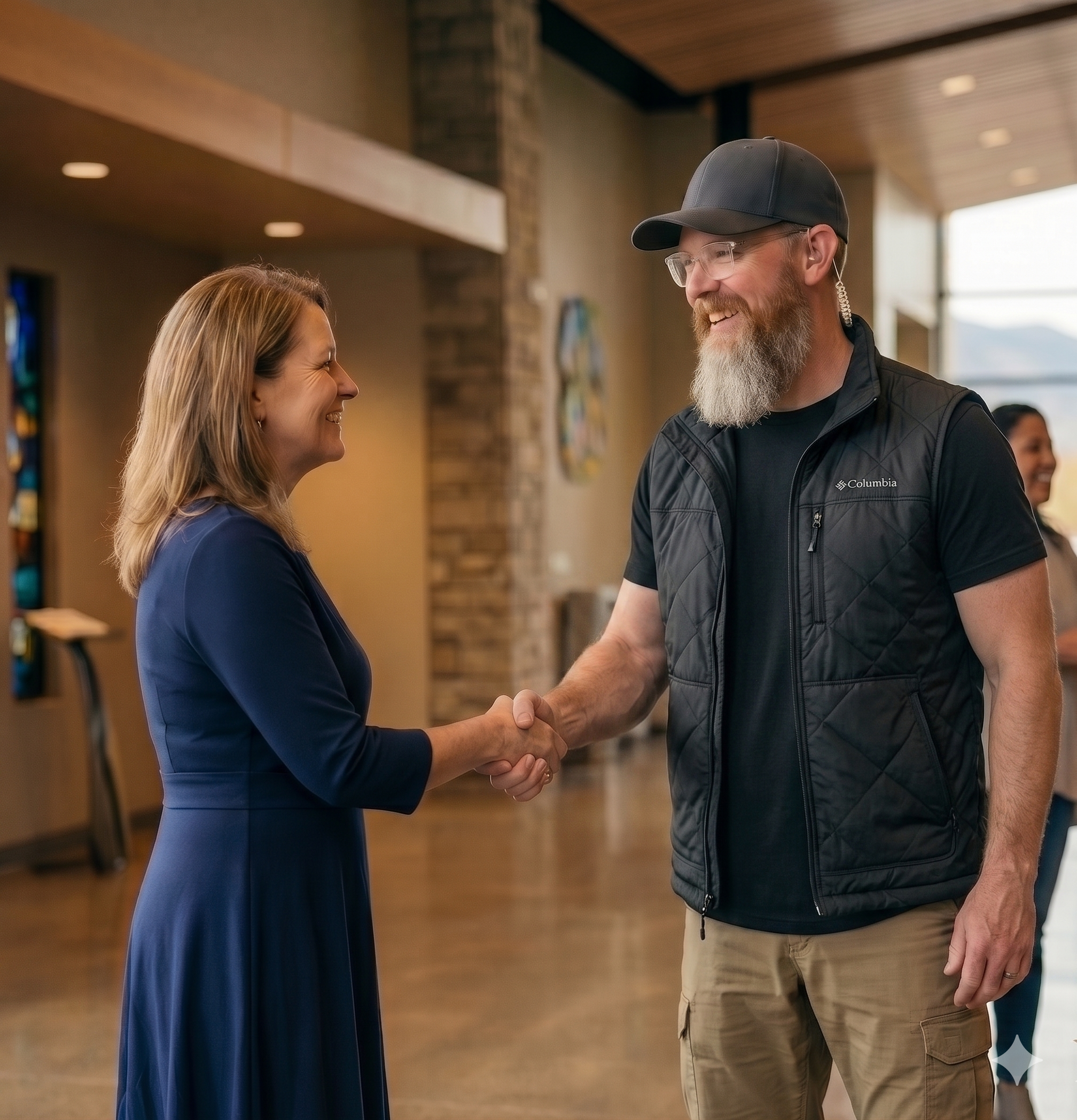 Harp & Spear agent greeting a congregation member